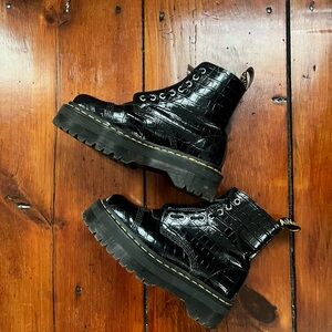 Glossy Black Croc-Embossed Boots
